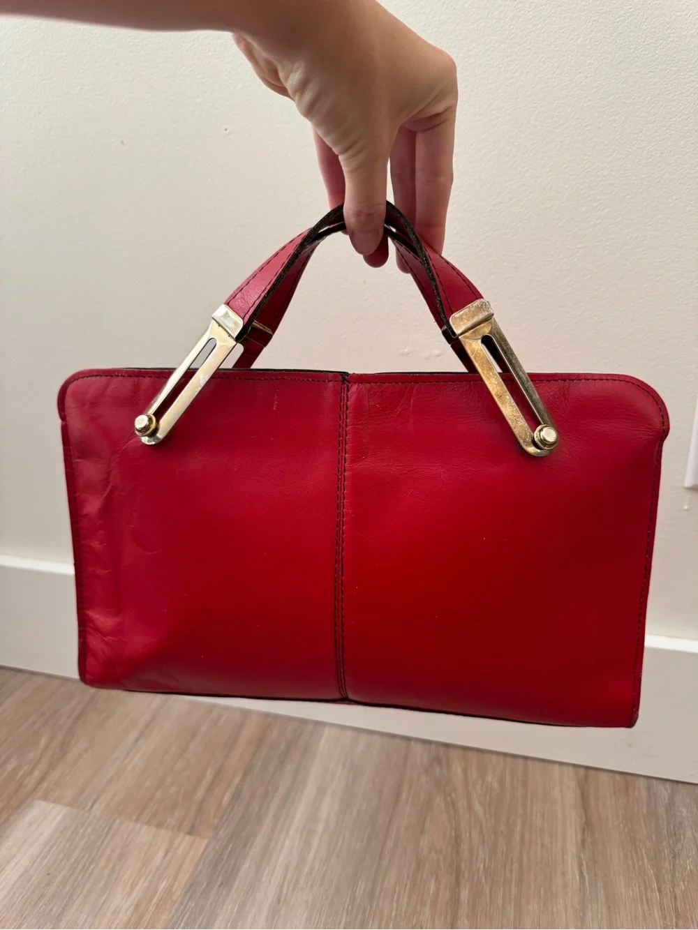 Vintage HYUK Red Leather Top Handle Clutch Purse USA Brass Hardware zip top bag
